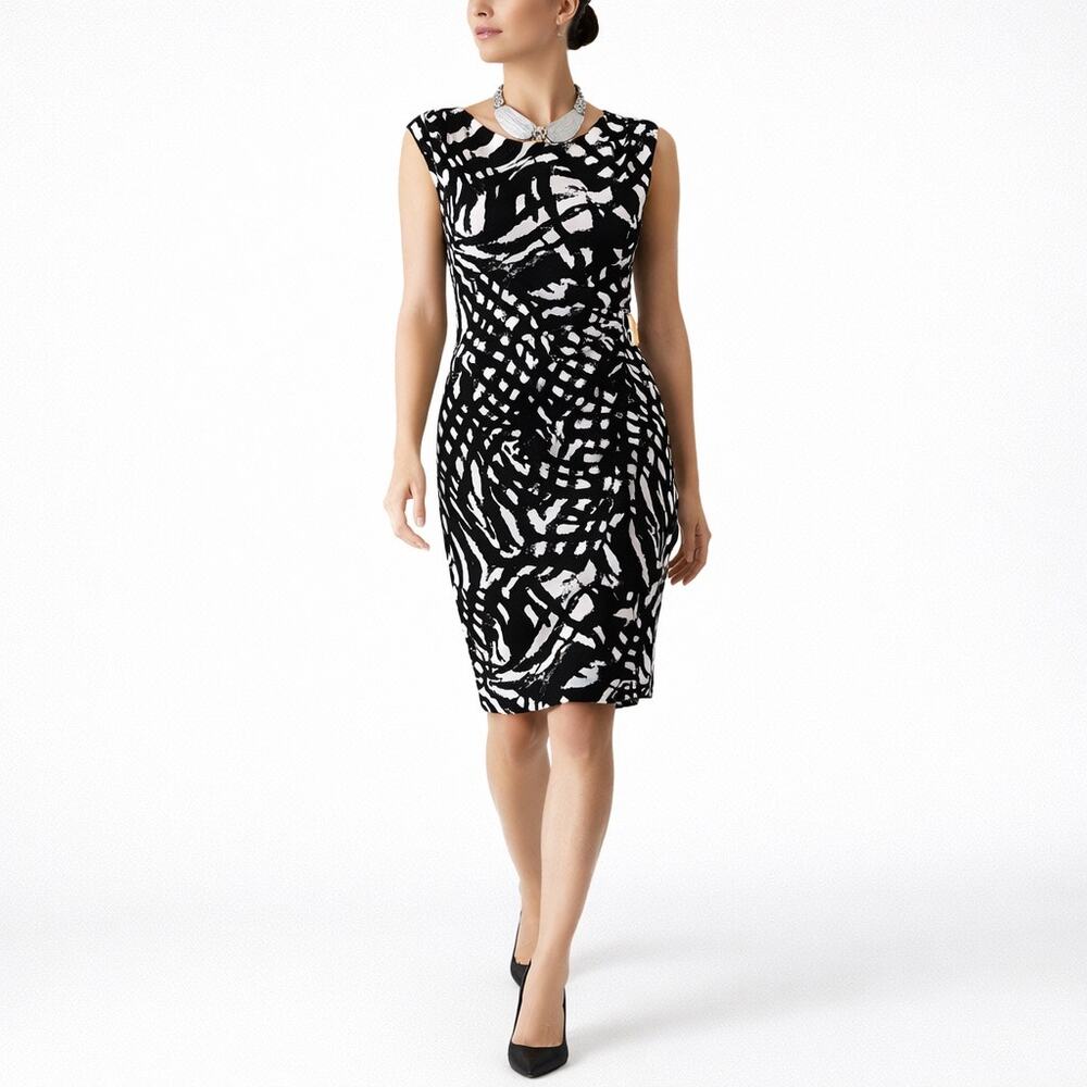 Ronni Nicole Faux Wrap Dress 8 Black White Abstract Ruched Sheath Cocktail